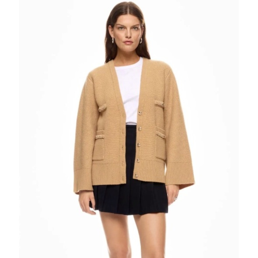 Sandro Wool Cardigan Size 2 Beige V Neck Button Front Patch Pocket Designer Cozy